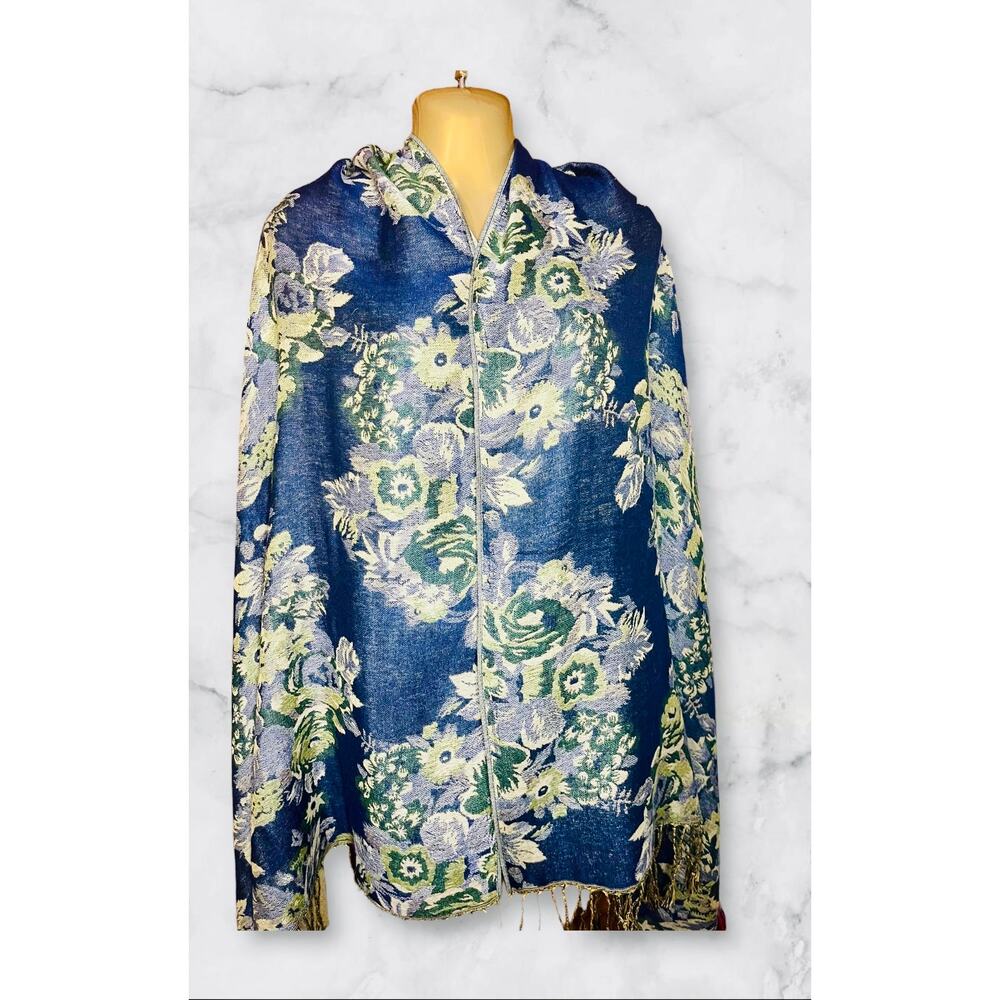 Reversible Jacquard Pashmina in Blue, Green, Yellow 66” x 27”